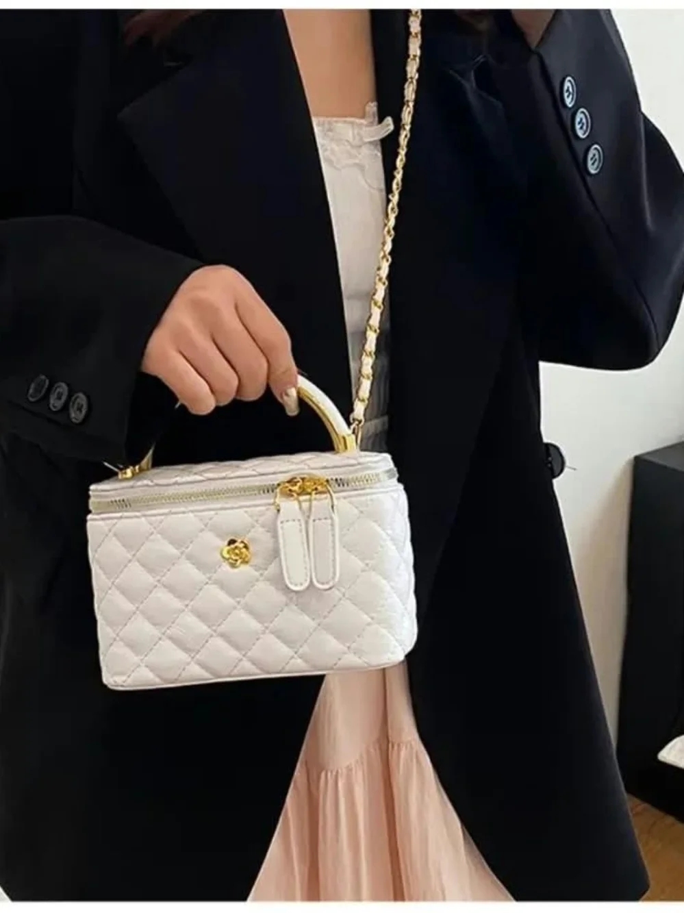 White Quilted Chain-Handle Crossbody Vanity Bag